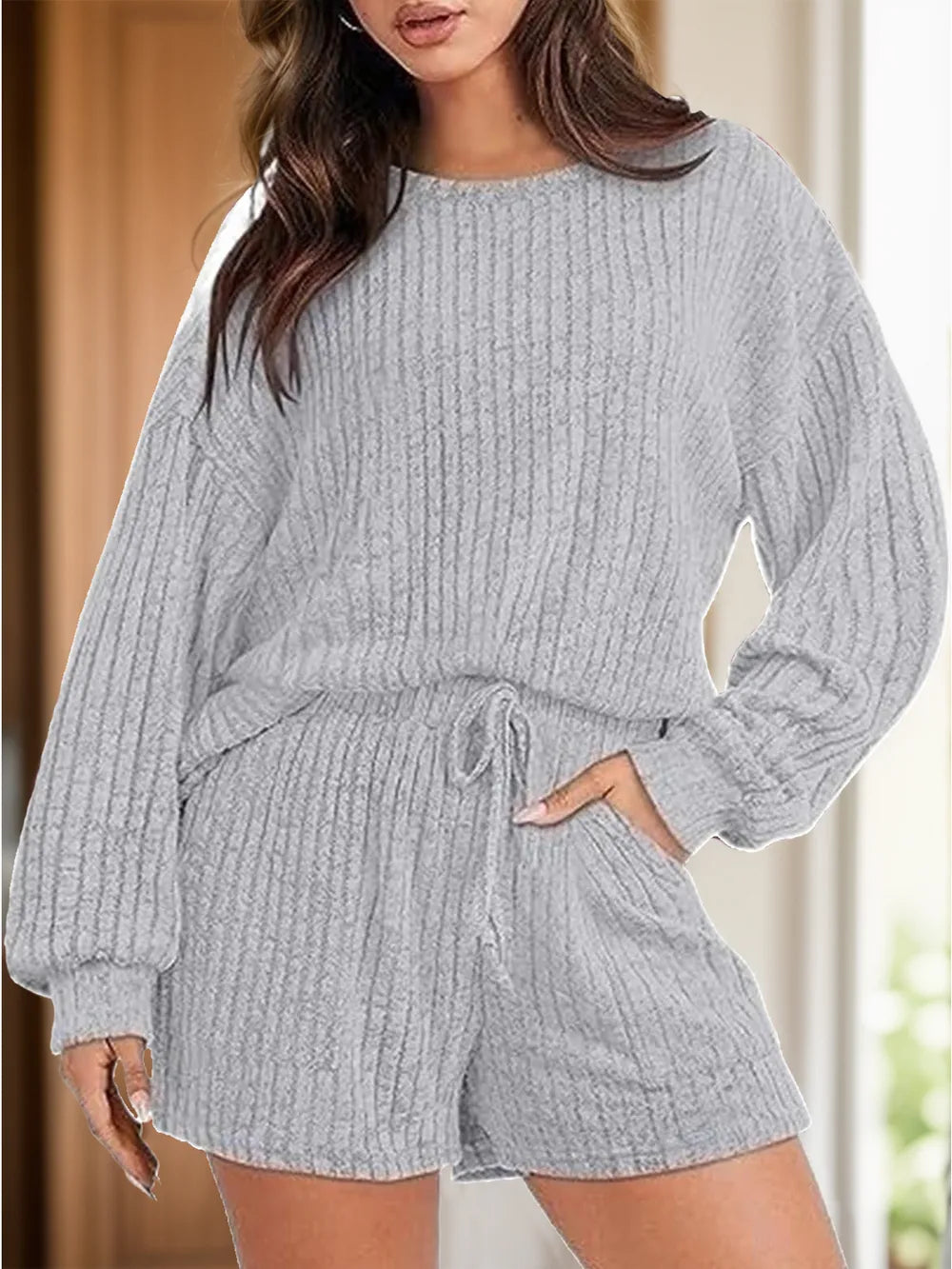 Round Neck Dropped Shoulder Top Shorts Set (10)