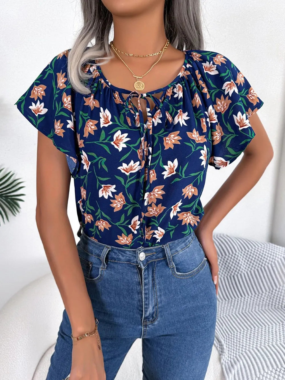 Floral Tie Neck Flutter Sleeve Blouse (11)