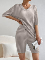 Ribbed V-neck Top Shorts Set (5)