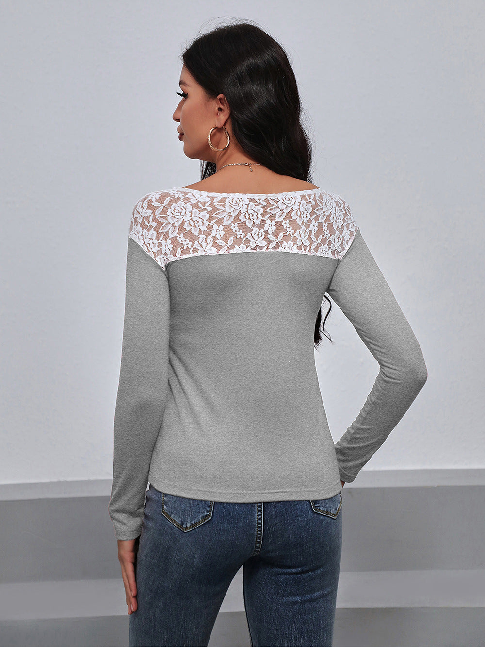 Lace Trim Long Sleeve Round Neck Tee (9)