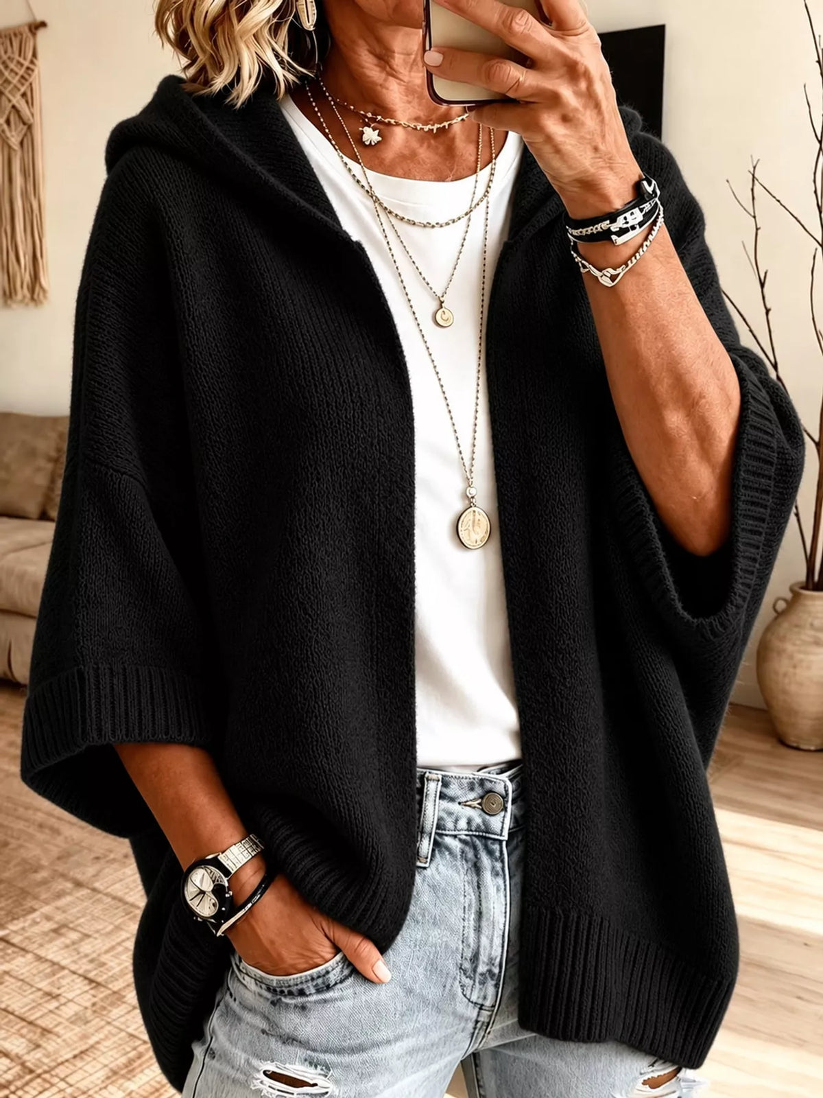Full Size Hooded Open-front Knit Cardigan Plus (16)