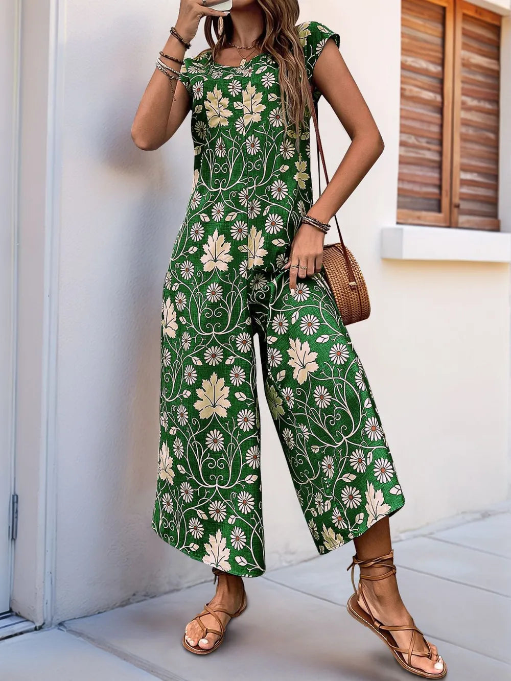 Printed Round Neck Cap Sleeve Wide Leg Jumpsuit (14)