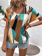 Printed V-neck Short Sleeve Blouse (6)