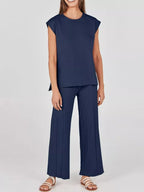 Casual Solid Color Cap Sleeve Top Pants Knit Set (11)