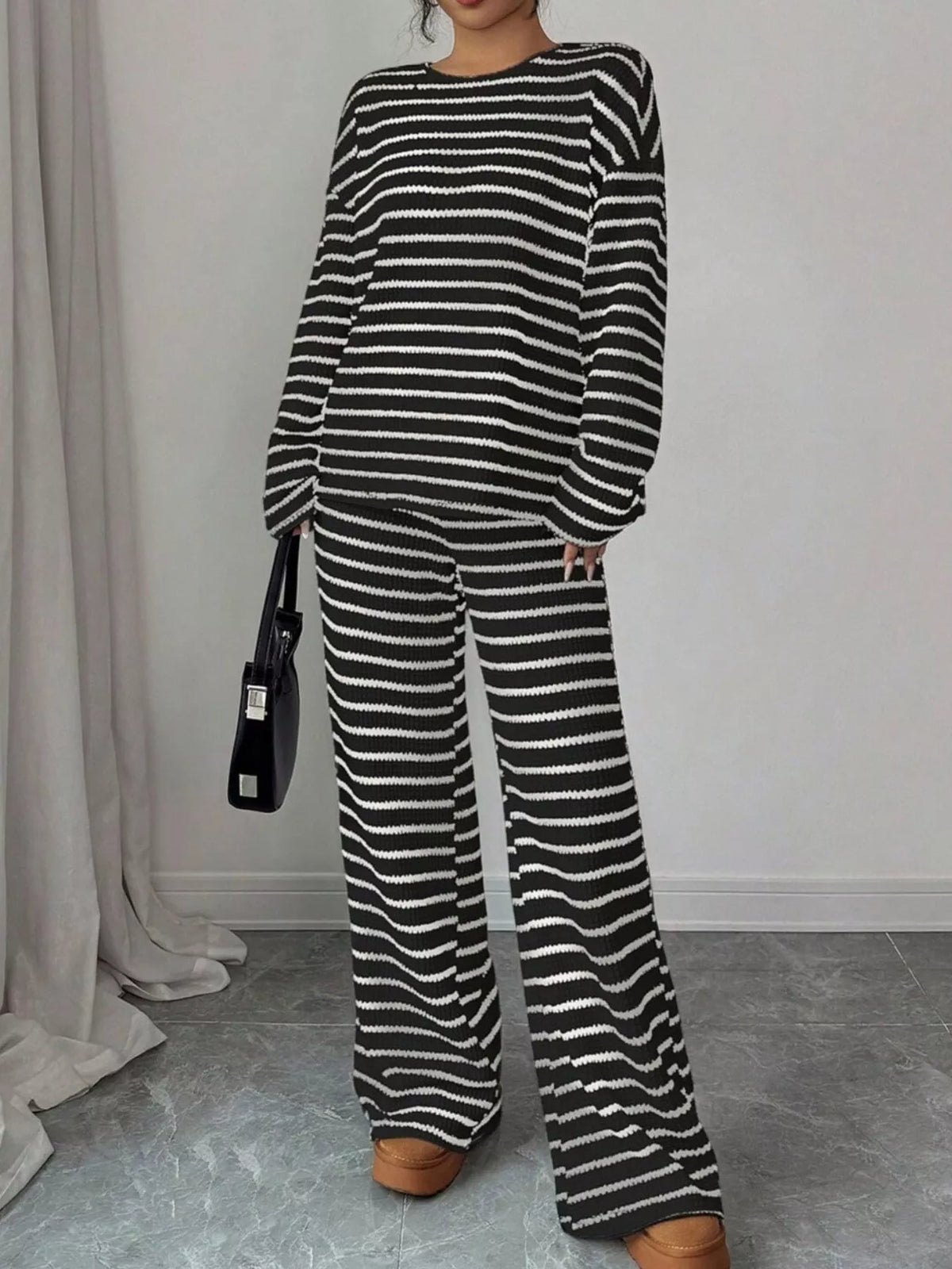 Striped Knit Dropped Shoulder Top Pants Set (6)