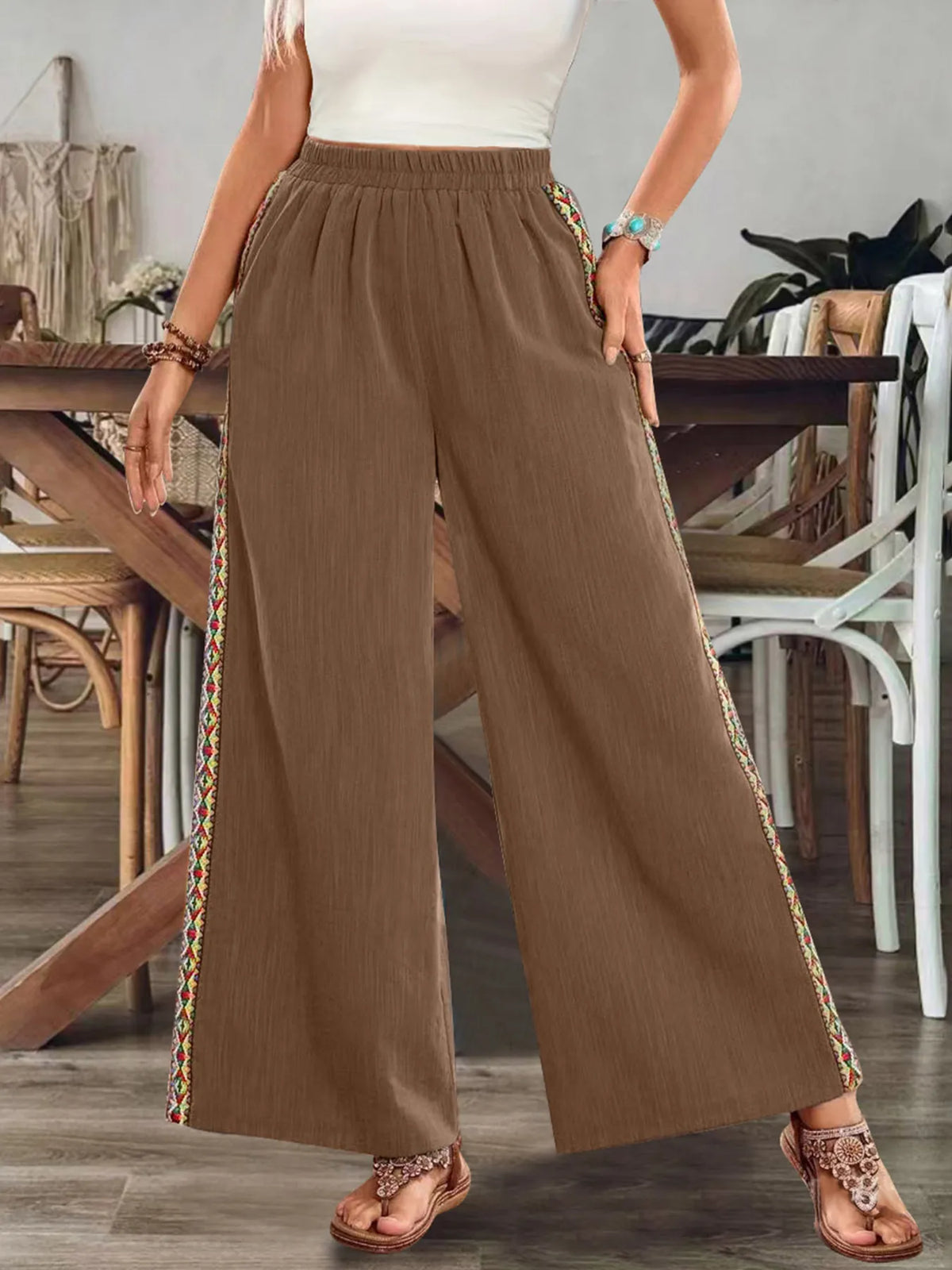Bohemian Wide Leg Embroidered Side Stripe Pants (2)
