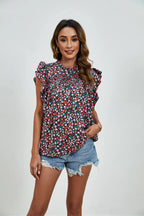 Ruffled Ditsy Floral Mock Neck Cap Sleeve Blouse (4)