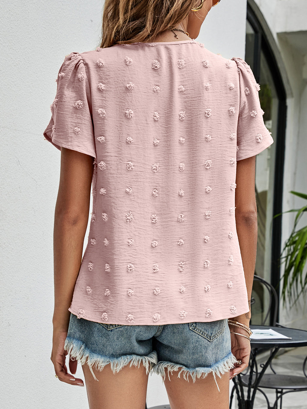 Swiss Dot Round Neck Petal Sleeve Top (6)
