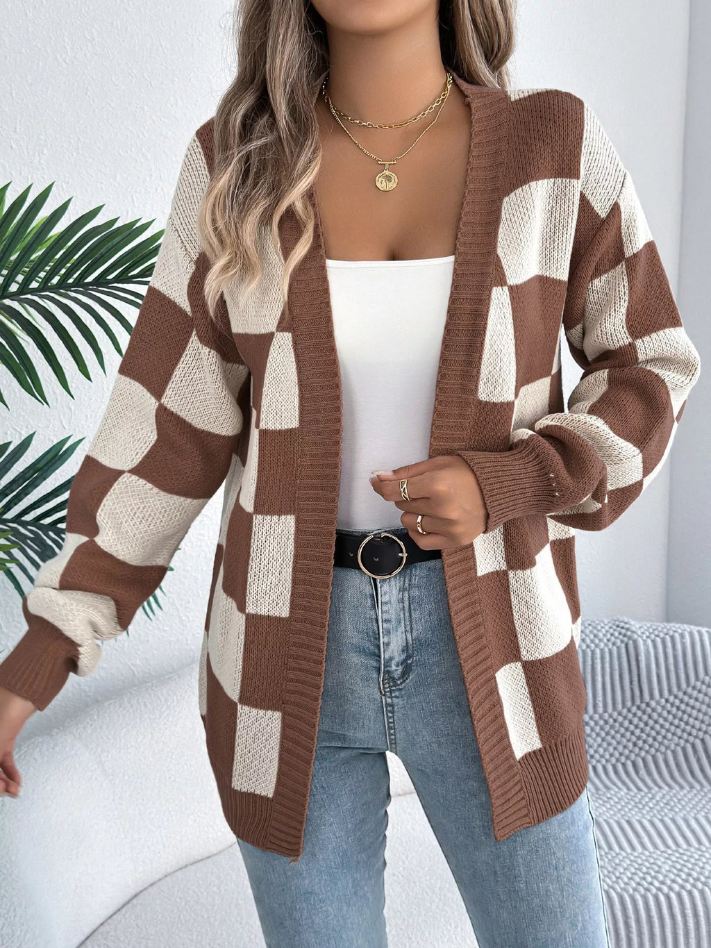 Checkered Pattern Open Front Cardigan (10)