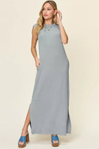 Full Size Texture Mock Neck Sleeveless Maxi Dress (6)