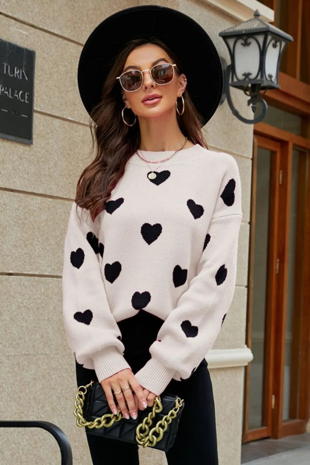 Heart Pattern Lantern Sleeve Round Neck Tunic Sweater (14)