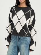 Argyle Pattern Knit Dropped Shoulder Sweater (6)