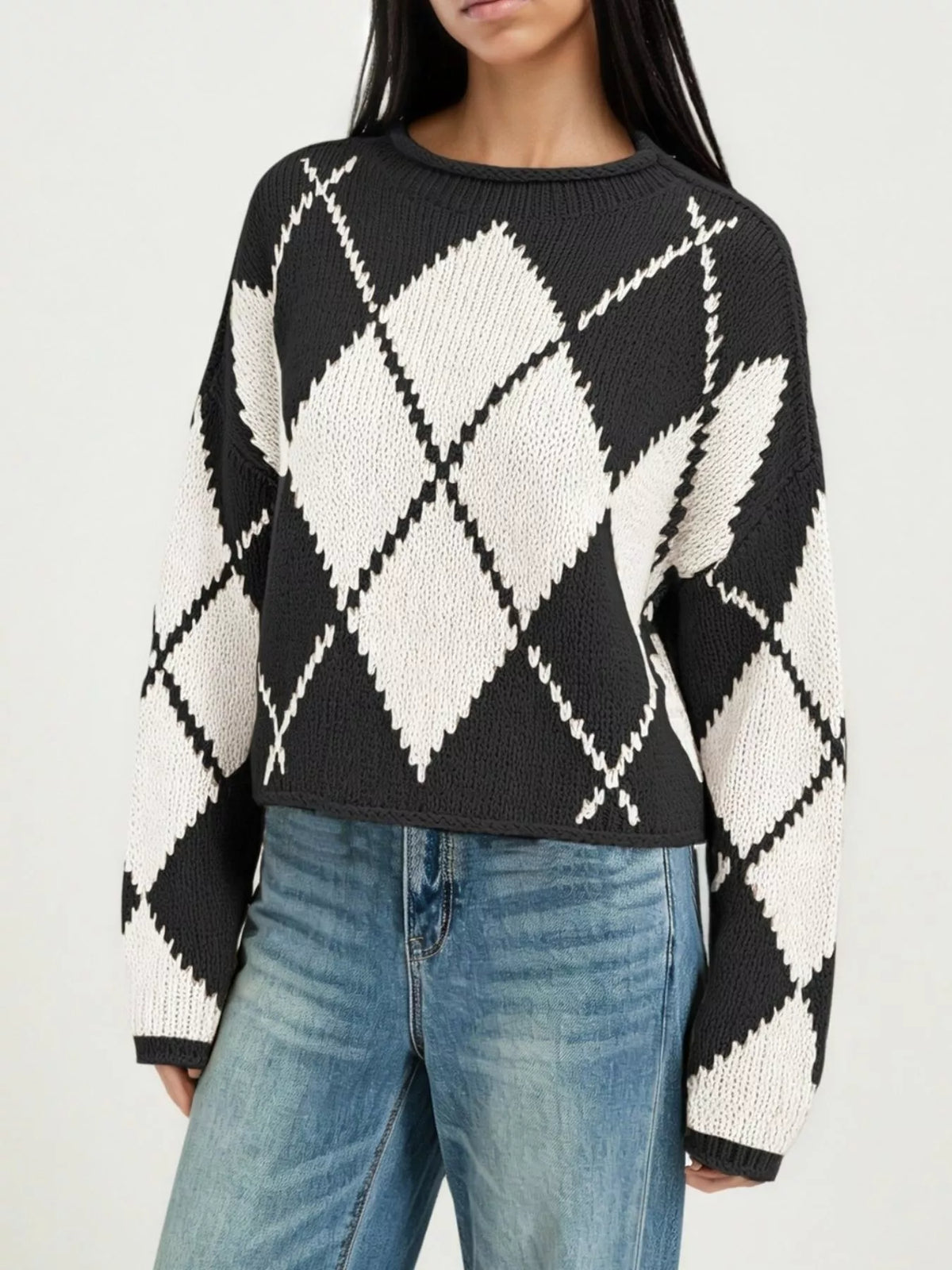 Argyle Pattern Knit Dropped Shoulder Sweater (6)