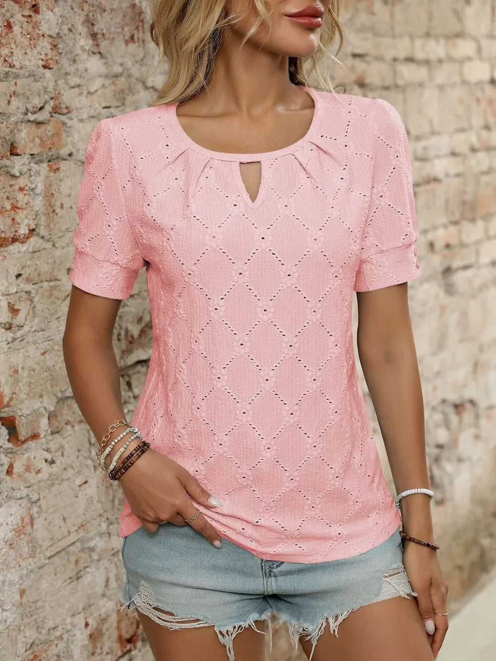 Eyelet Round Neck Short Sleeve Top (10)