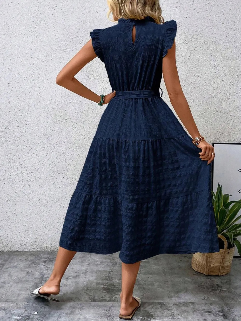 Tied Ruffled Cap Sleeve Midi Dress (20)