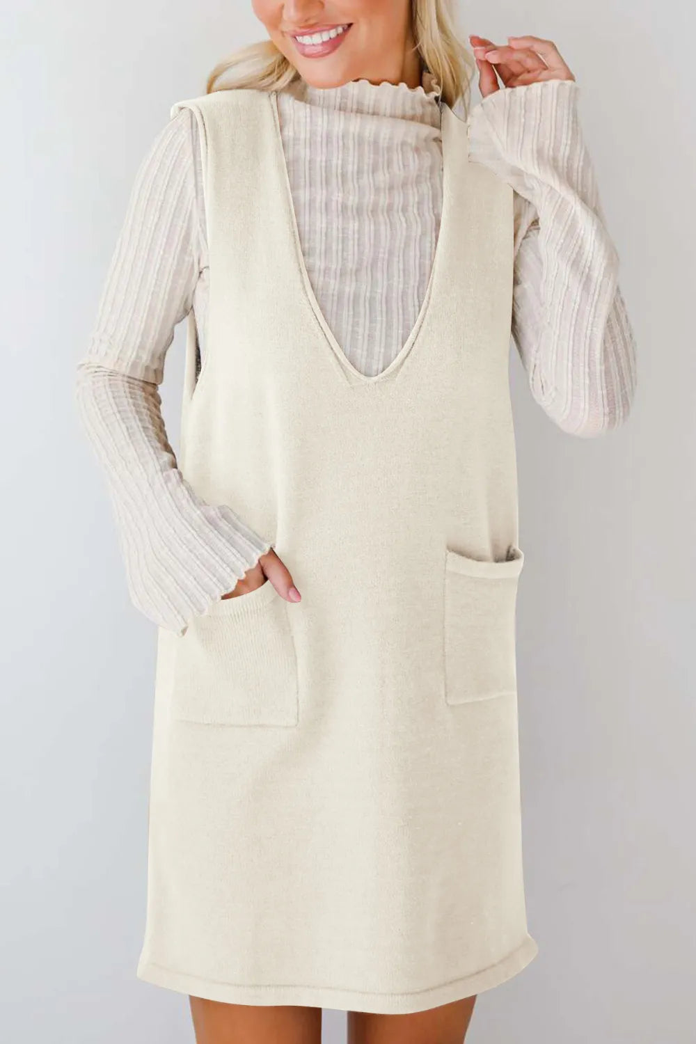 Pocketed V-neck Mini Sweater Overall Dress (13)