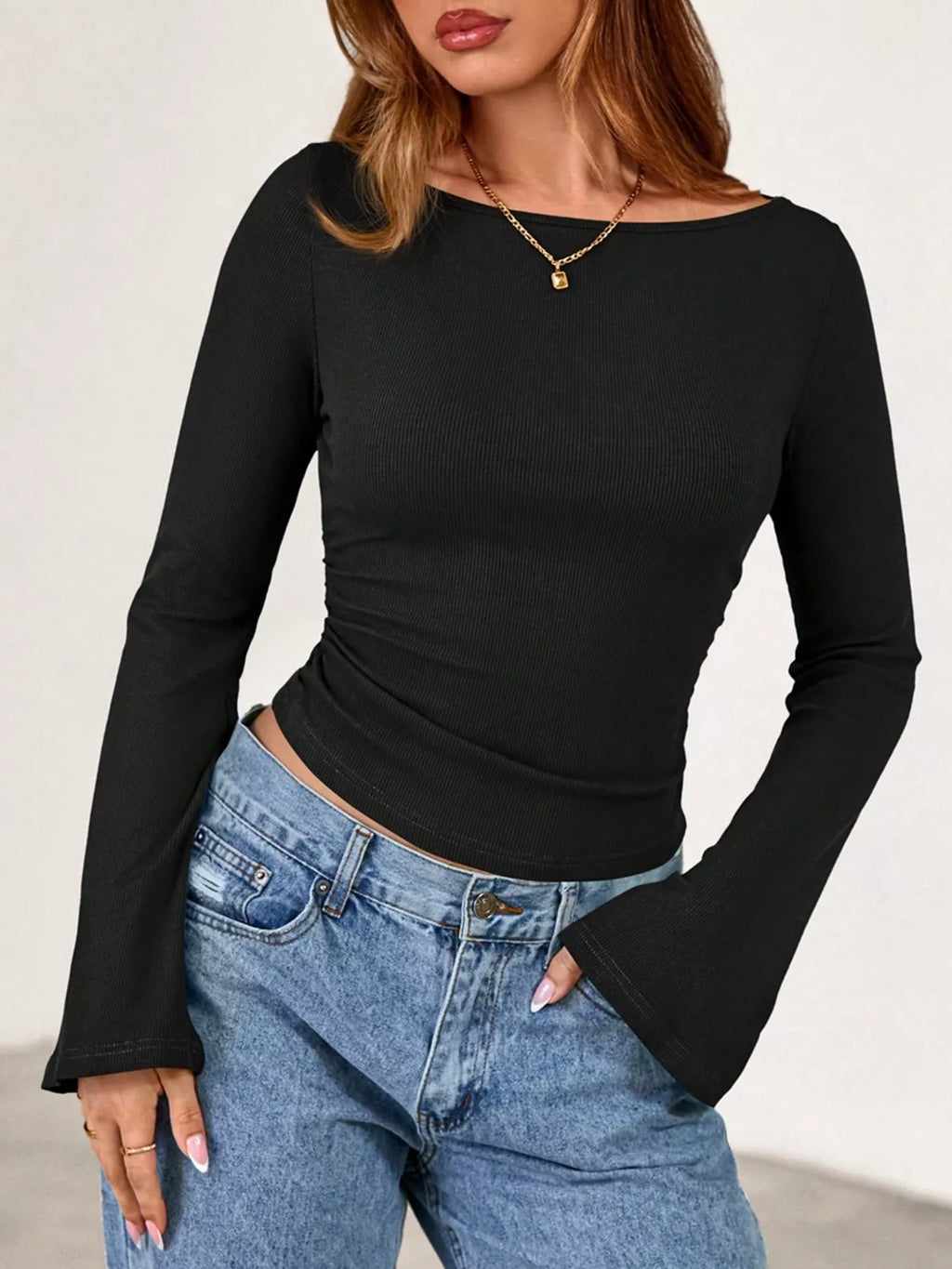 Boat Neck Flare Sleeve T-shirt (8)