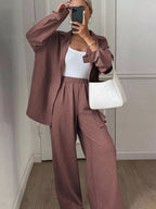 Button-down Shirt Wide-leg Pants Set (20)
