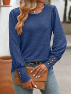 Decorative Button Round Neck Long Sleeve T-shirt (4)