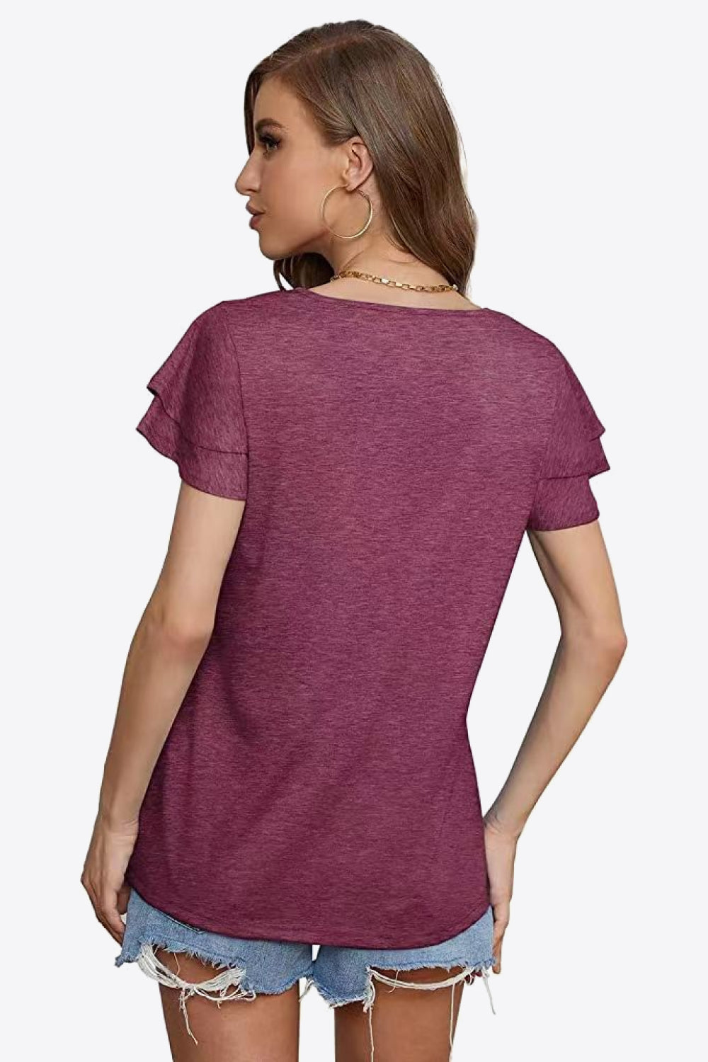 Tie-neck Layered Flutter Sleeve Blouse (2)