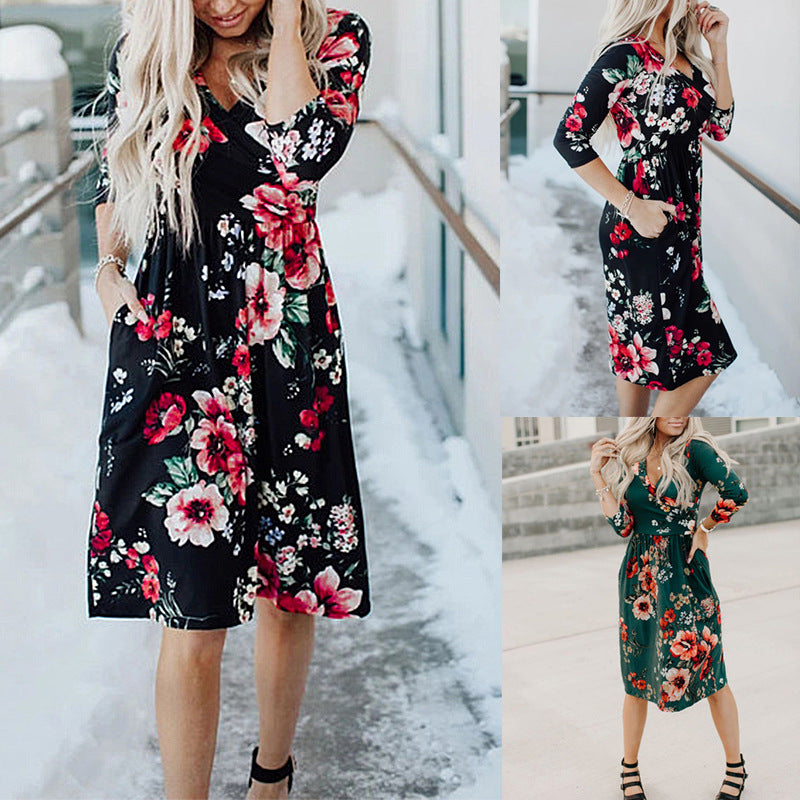 Printed Long Sleeve V-neck Pocket Dress photo 8