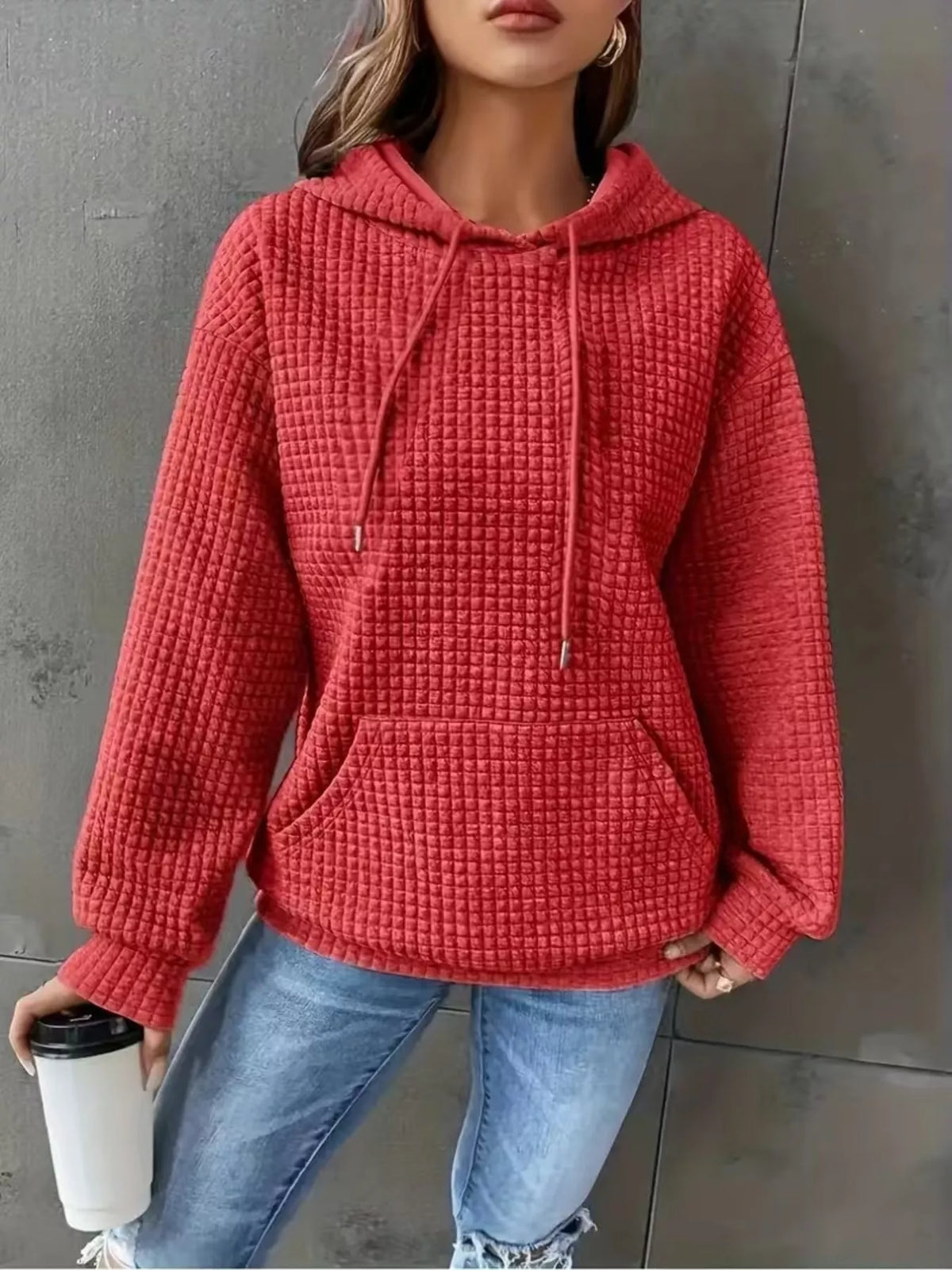 Textured Knit Drawstring Hoodie (2)
