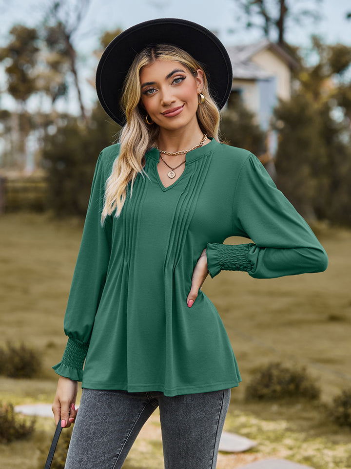 Notched Neck Flounce Sleeve Blouse (14)