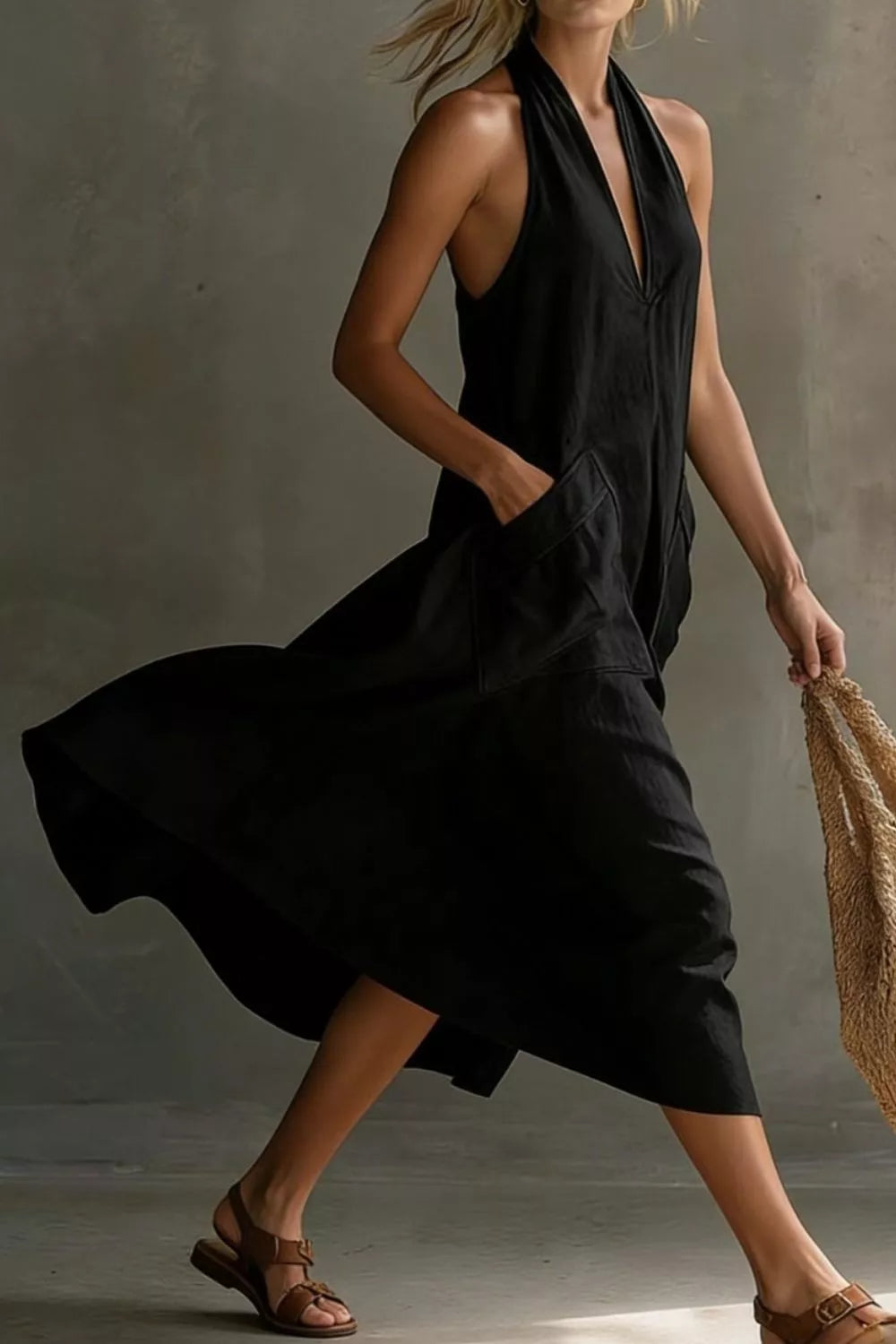 Casual Halter Neck Pocket Midi Dress (13)