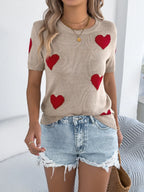 Heart Round Neck Short Sleeve Knit Top (14)