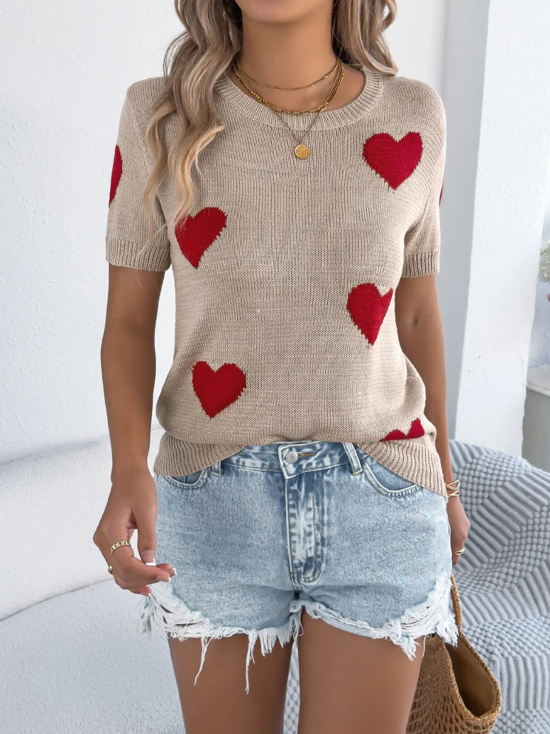 Heart Round Neck Short Sleeve Knit Top (14)