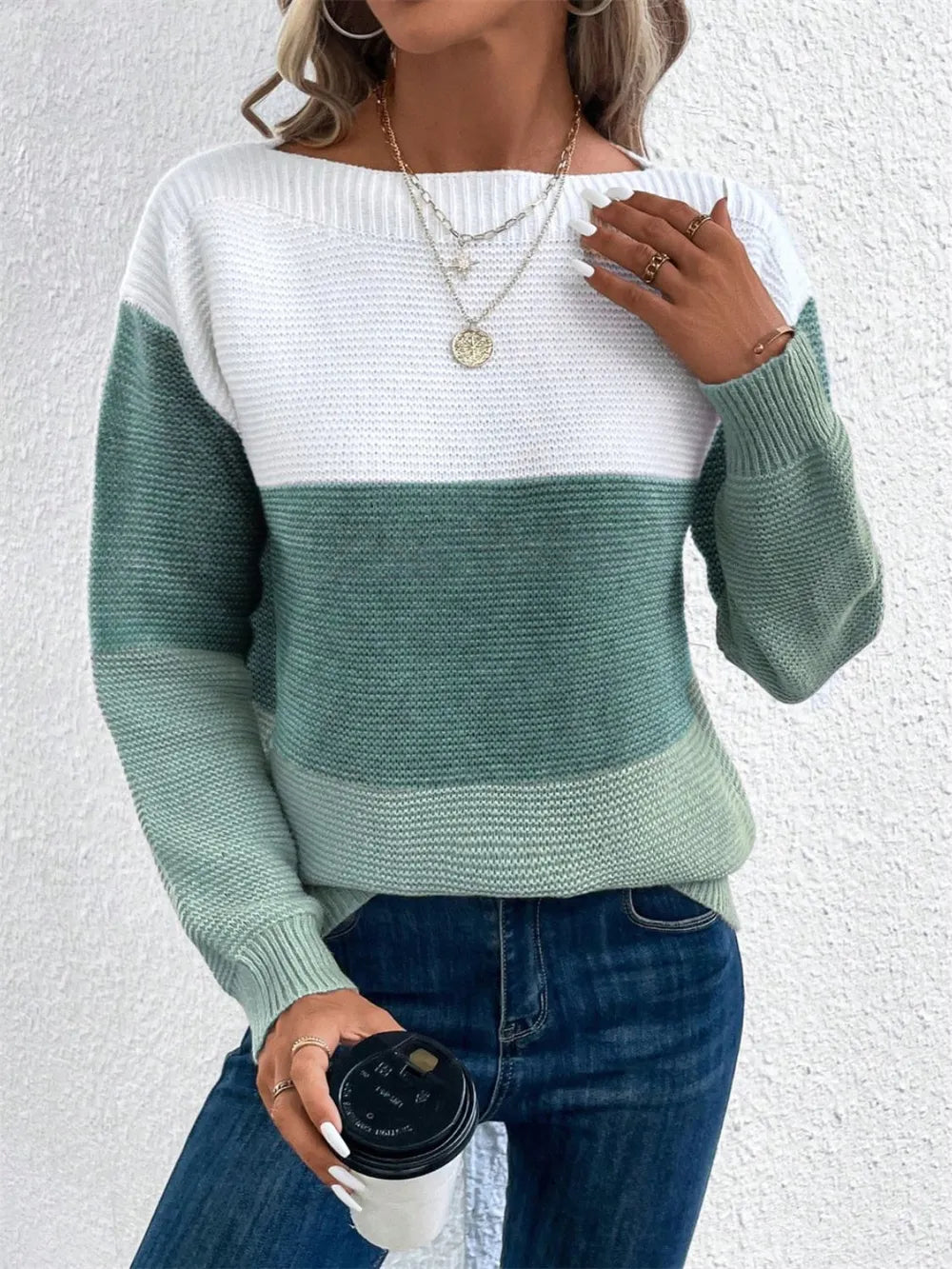 Block Drop Shoulder Long Sleeve Sweater (2)
