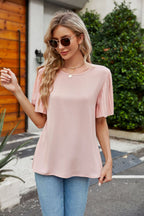 Pleated Flutter Sleeve Round Neck Blouse (10)