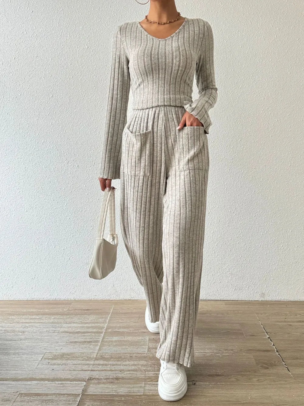 Ribbed V-neck Long Sleeve Top Pocketed Pants Set