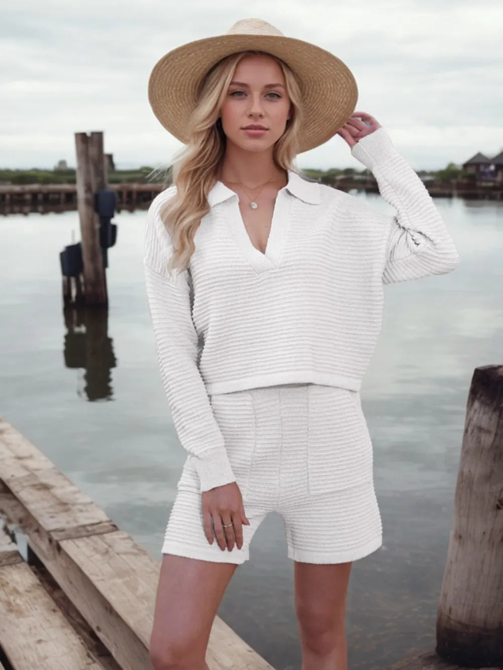 Johnny Collar Long Sleeve Top Shorts Sweater Set (10)