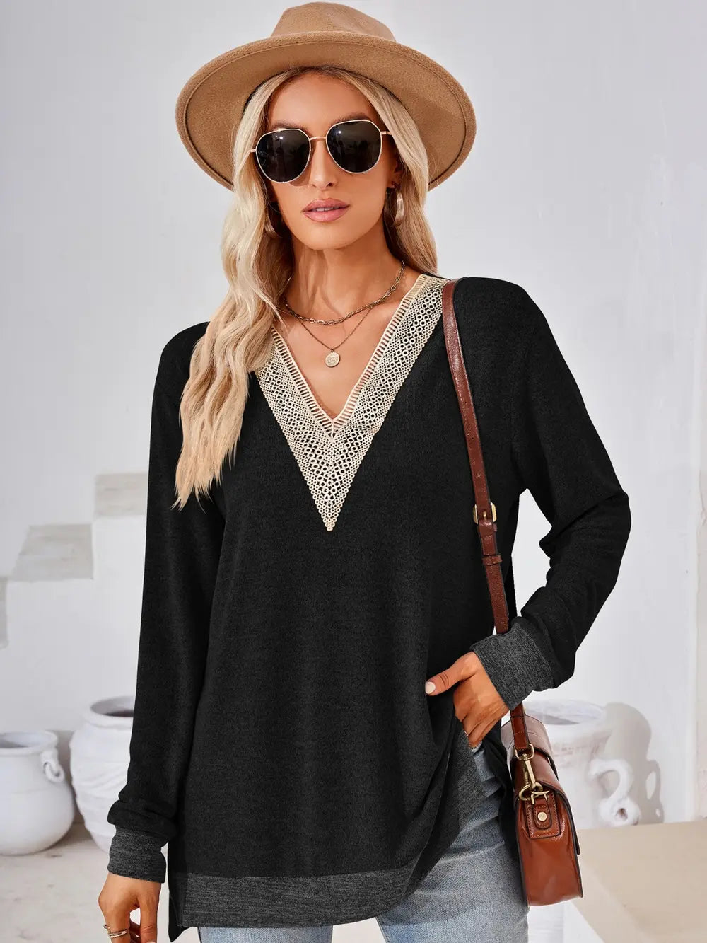 Crochet Contrast V-neck Long Sleeve Slit T-shirt (7)