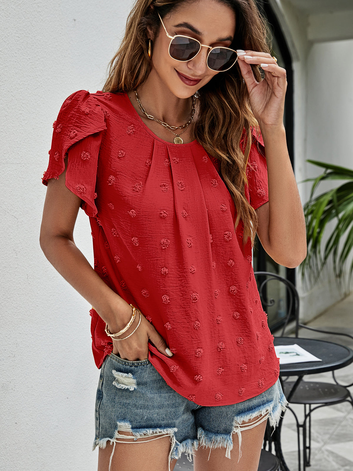 Swiss Dot Round Neck Petal Sleeve Top (17)