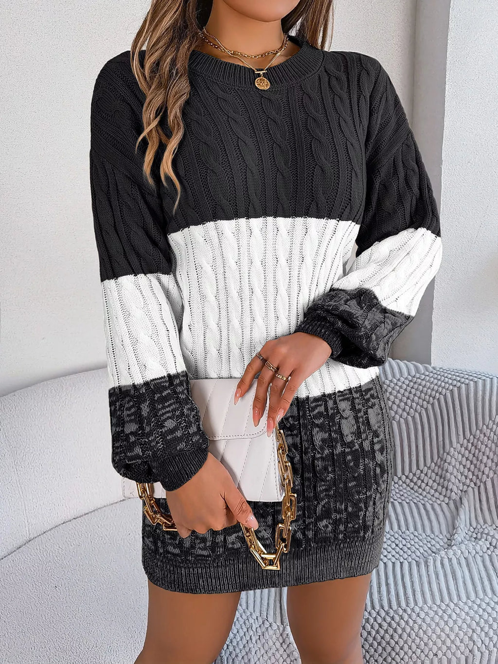 Block Cable Knit Sweater Dress Textured Pattern (16)