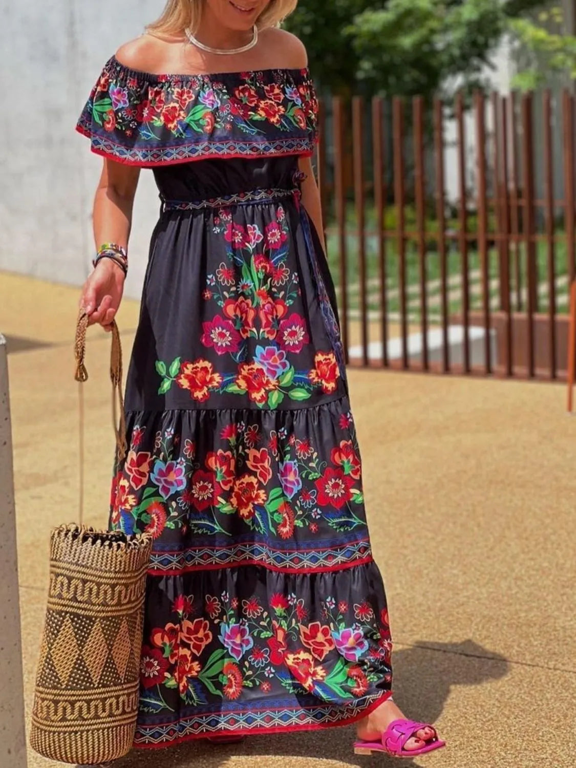 Floral Off Shoulder Ruffle Maxi Dress (7)