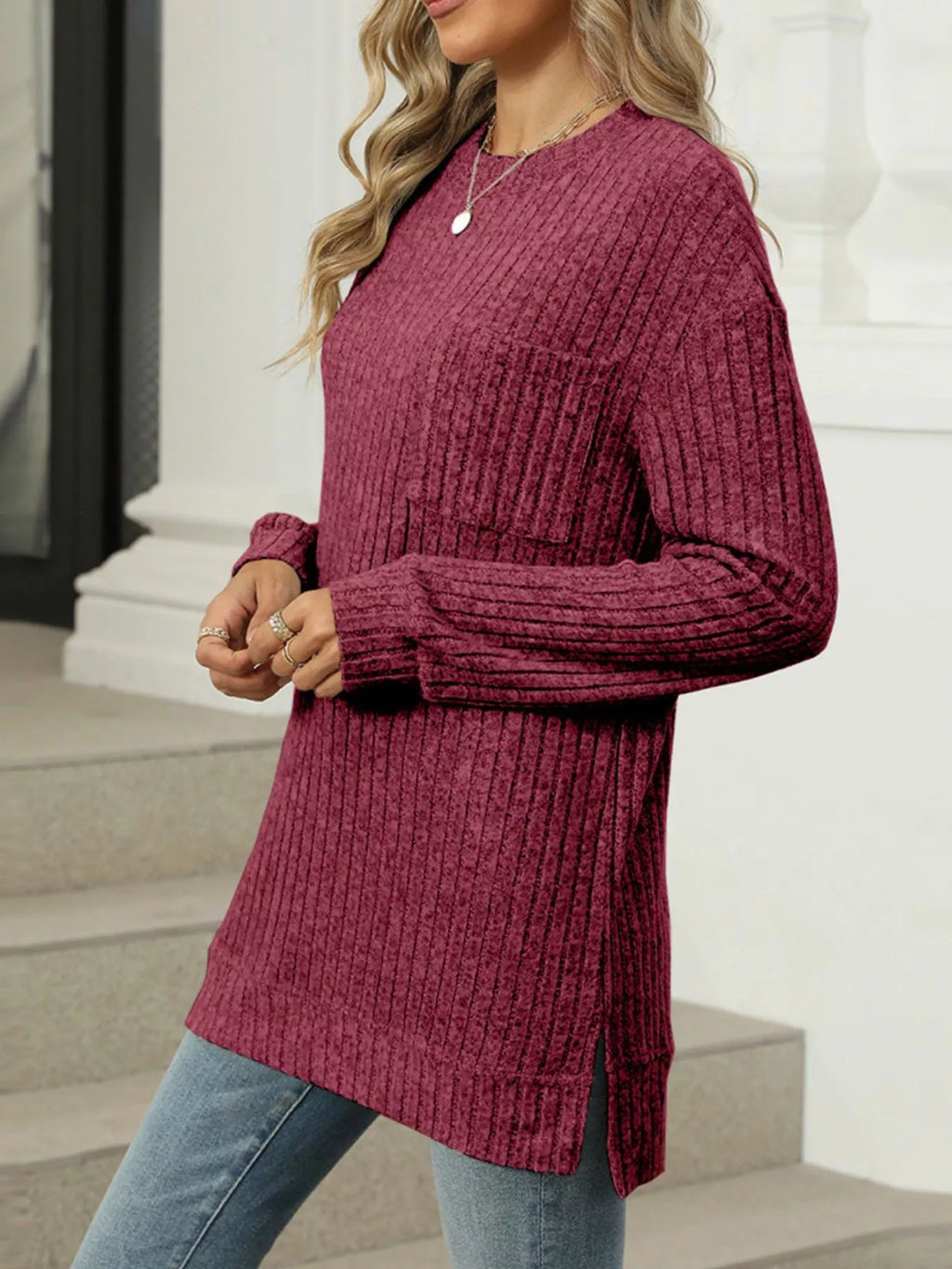 Ribbed Knit Round Neck Sweater (23)