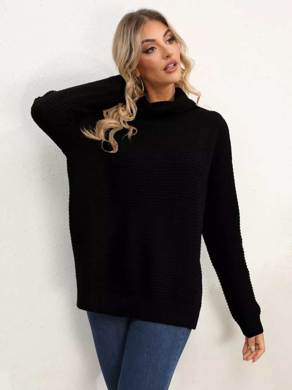 Slit Turtleneck Dropped Shoulder Sweater (35)