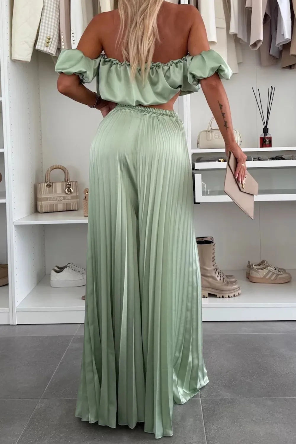 Off-shoulder Top Pleated Pants Set (23)