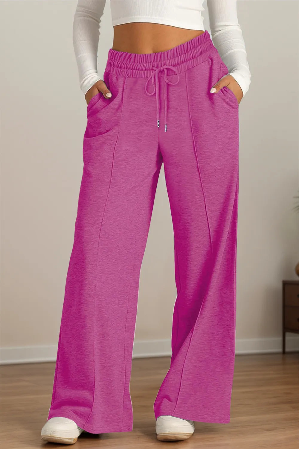 Drawstring Elastic Waist Wide Leg Pants (16)