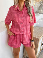 Printed Button Down Shirt Shorts Set (13)