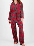 Plaid Collared Neck Button Up Top Pants Lounge Set