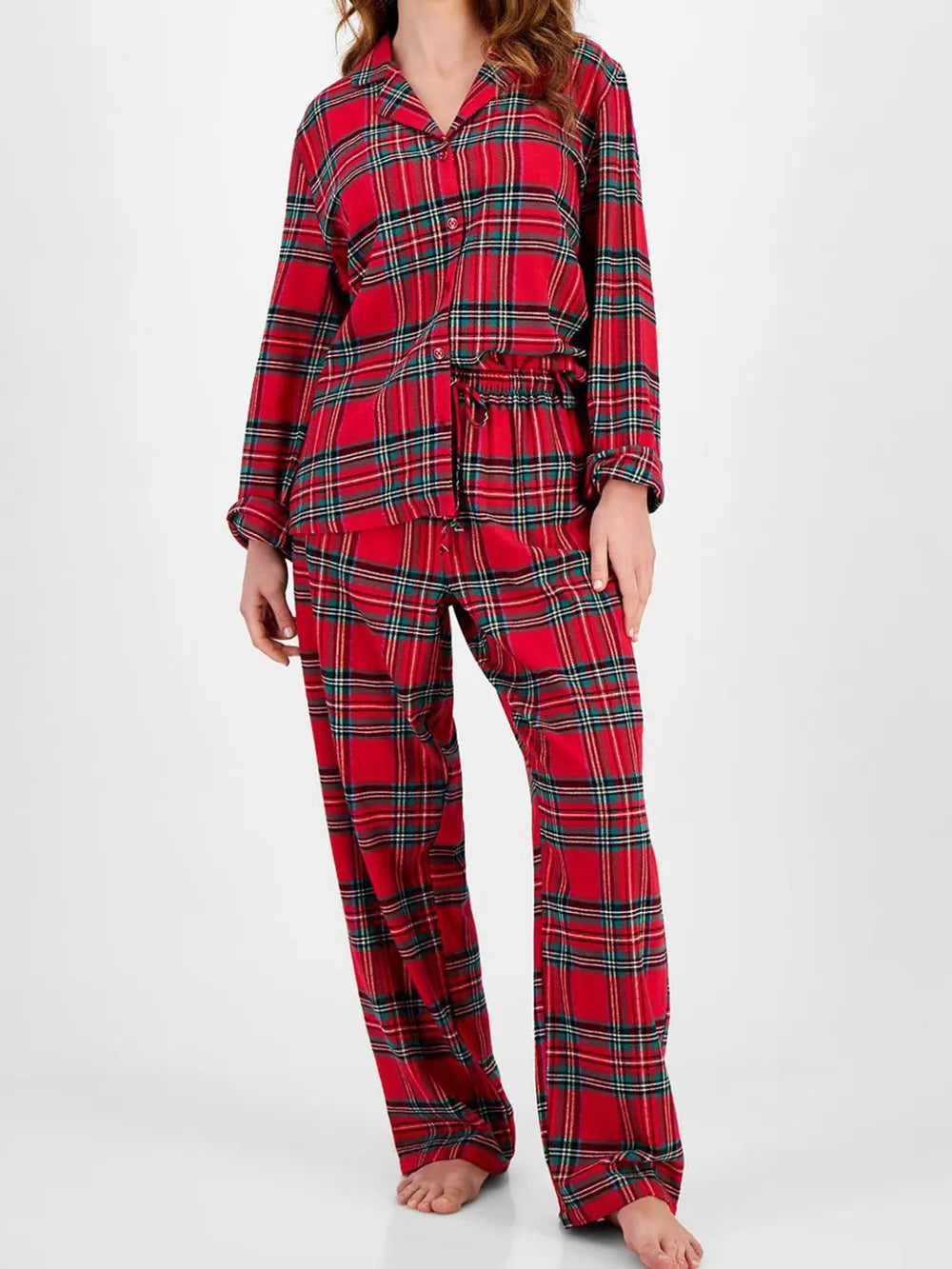 Plaid Collared Neck Button Up Top Pants Lounge Set