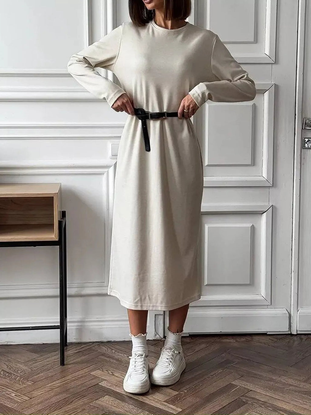 Round Neck Long-sleeve Midi Dress (4)