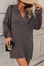 Collared Neck Long Sleeve Sweater Dress Pockets (4)