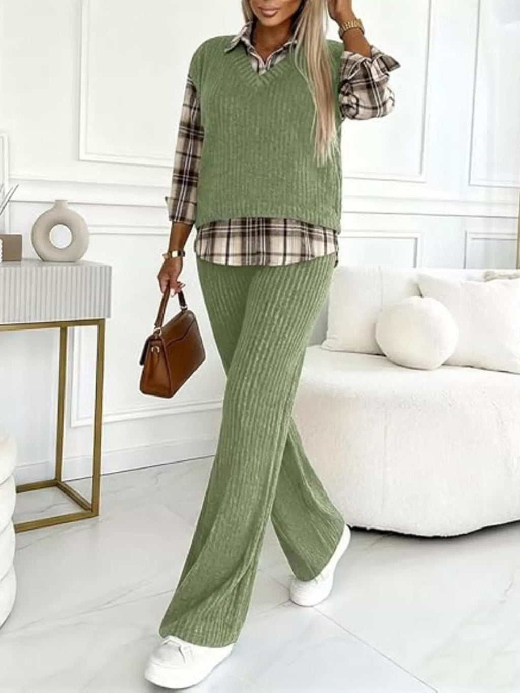 Ribbed Knit Plaid Sleeve Top Pants Set (12)