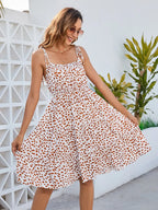 Printed Square Neck Tie Shoulder Dress (2)
