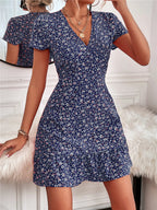 Printed Ruffled Hem V-neck Short Sleeve Mini Dress (14)
